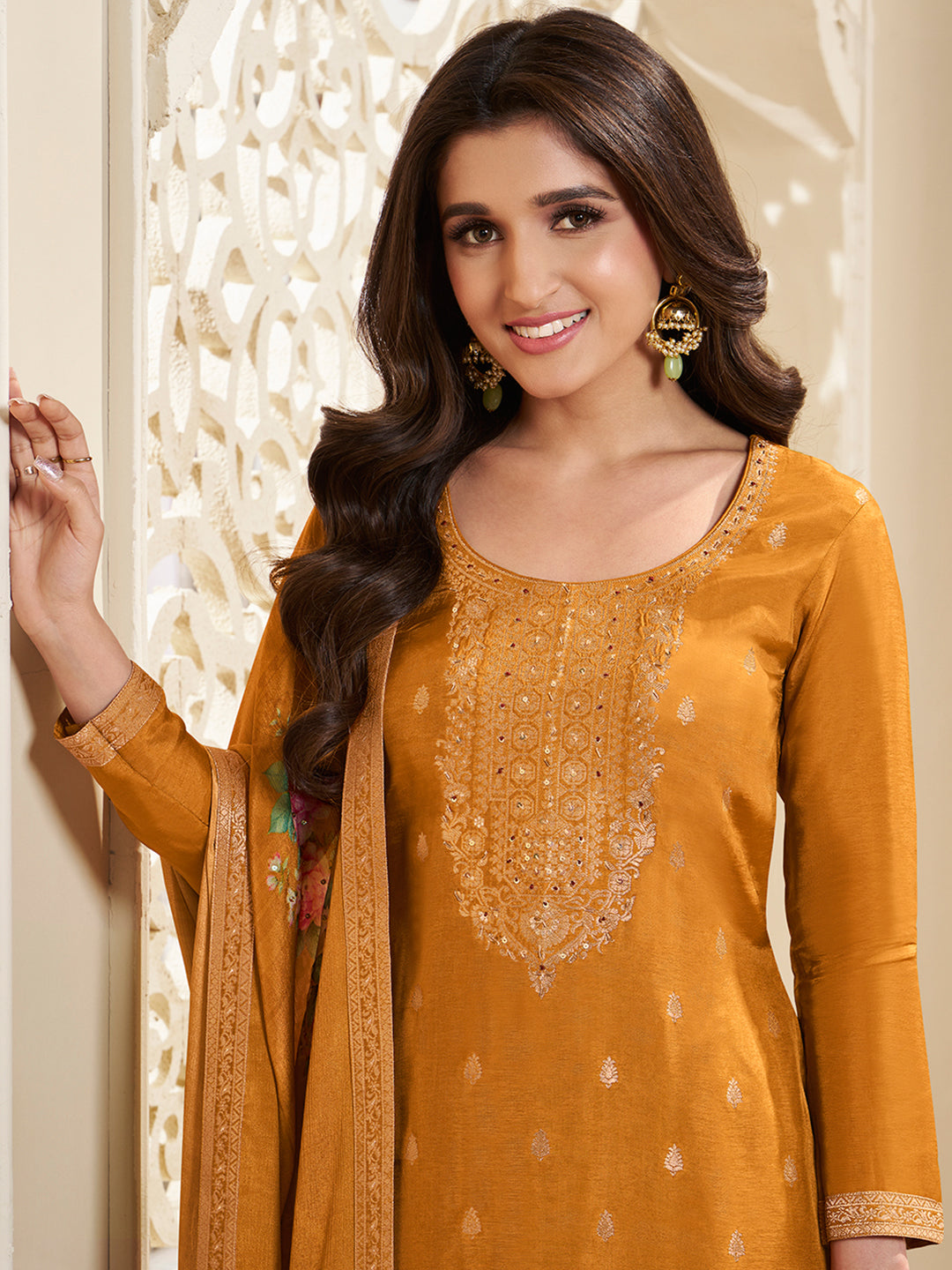Dola Silk Jacquard Kurta With designer Yoke and handwork  with trousers and Dupatta Product vendor