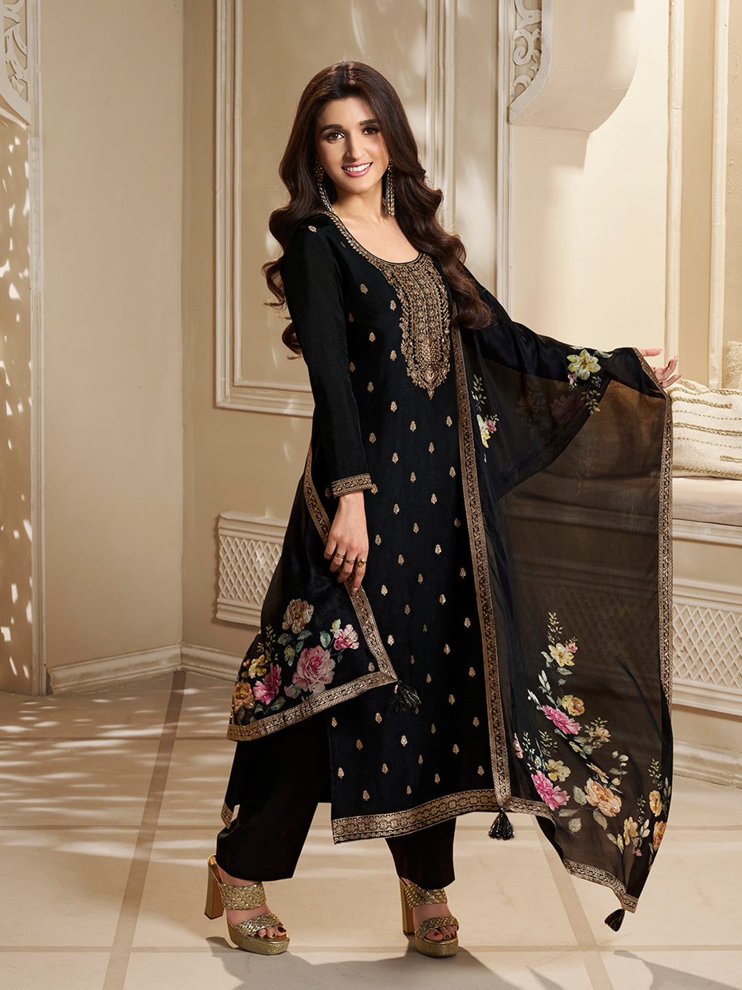 Dola Silk Jacquard Kurta With designer Yoke and handwork  with trousers and Dupatta Product vendor