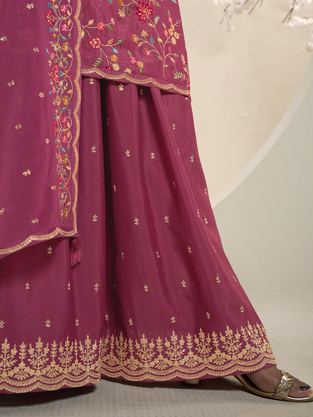 Dark Pink Multi Colour Floral Thread & Embroidered Sharara Suit Set Product vendor