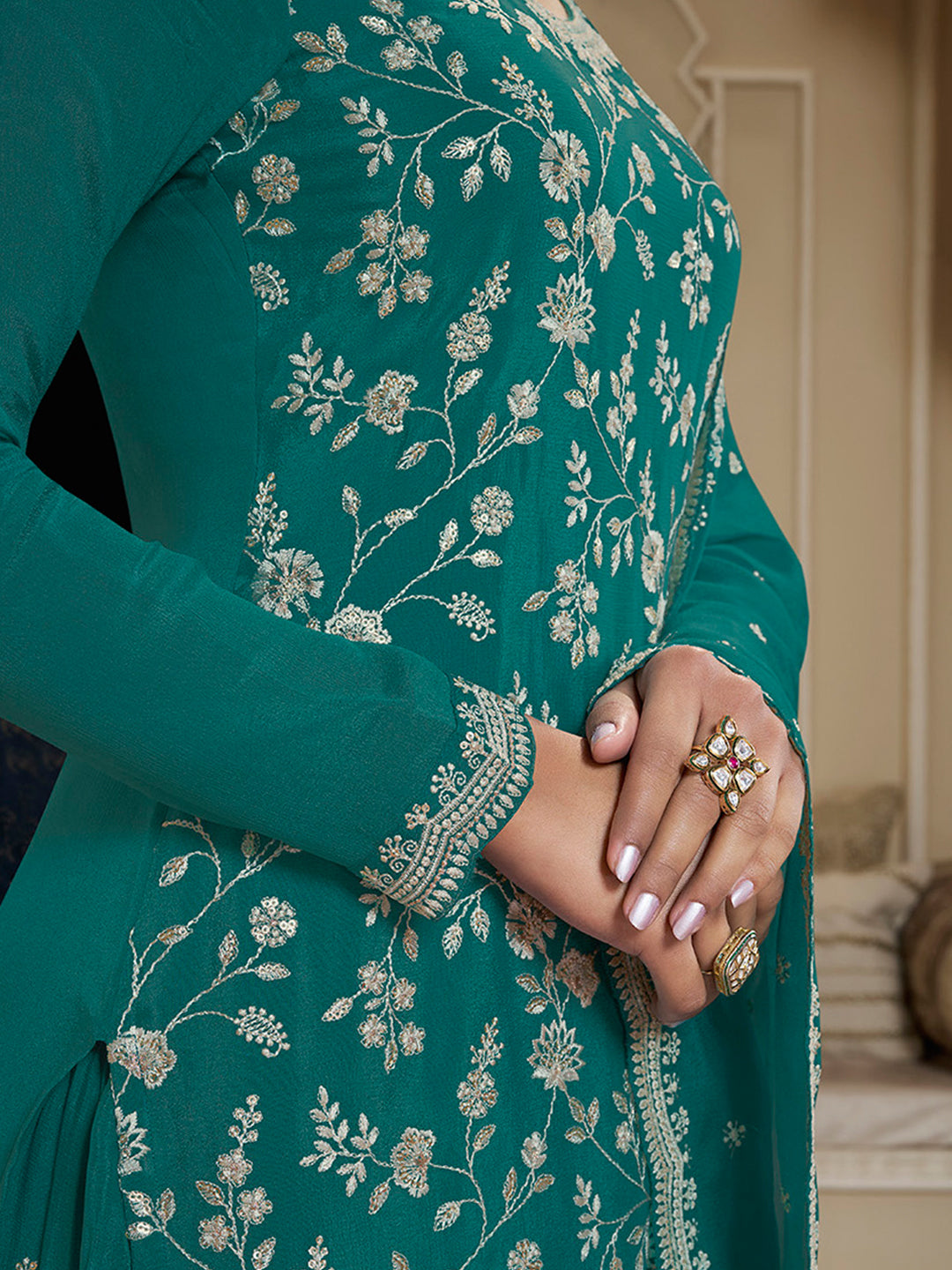 Turqouise Floral Pattern, Thread & Sequins Embroidered Sharara Suit Set Product vendor