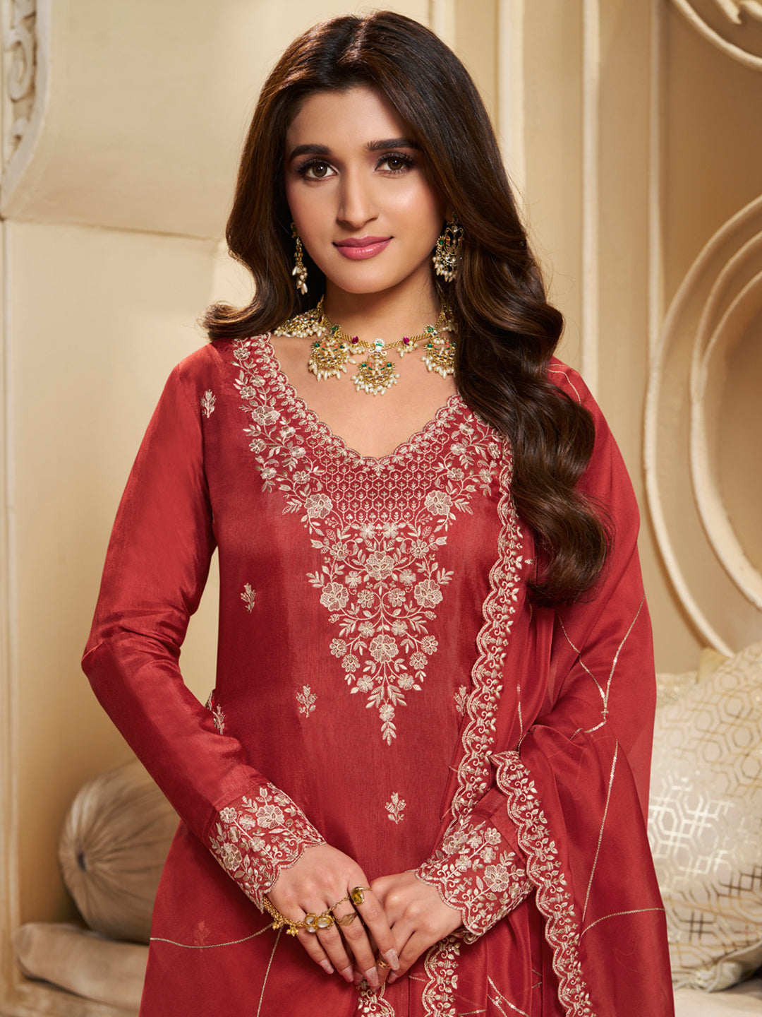 Floral + Geometric thread work & Hanging Pearl on Daman Kurta With Straight Pant & Dupatta Product vendor