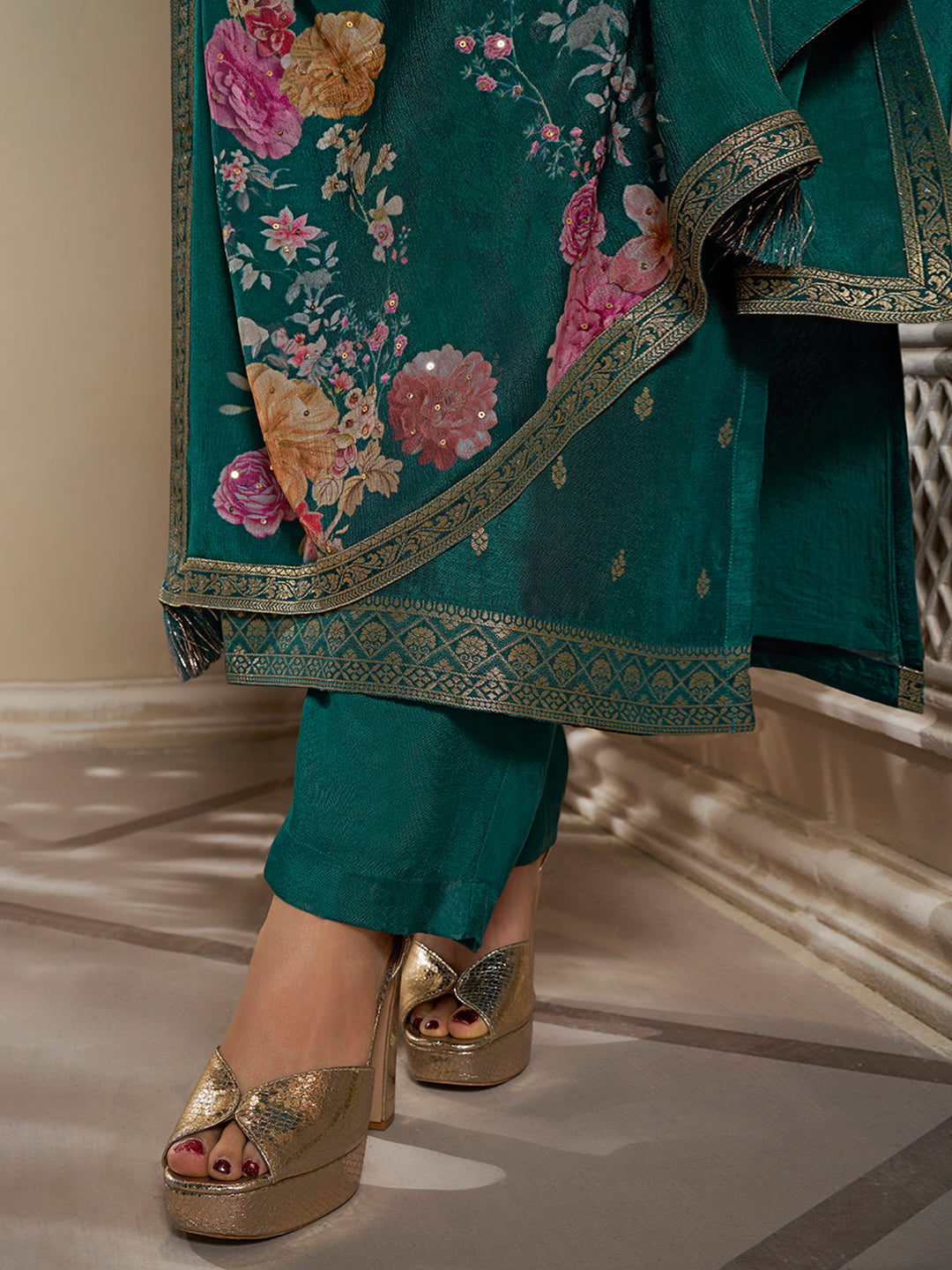 Dola Silk Jacquard Kurta With designer Yoke and handwork  with trousers and Dupatta Product vendor