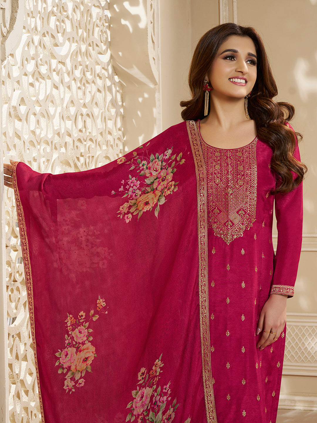 Dola Silk Jacquard Kurta With designer Yoke and handwork  with trousers and Dupatta Product vendor