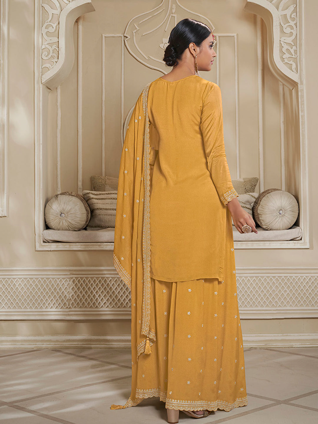 Yellow Floral Pattern, Thread & Sequins Embroidered Sharara Suit Set Product vendor