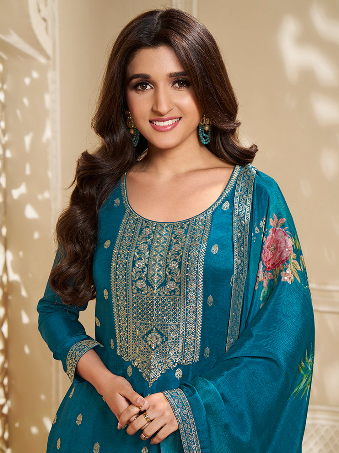 Dola Silk Jacquard Kurta With designer Yoke and handwork  with trousers and Dupatta Product vendor