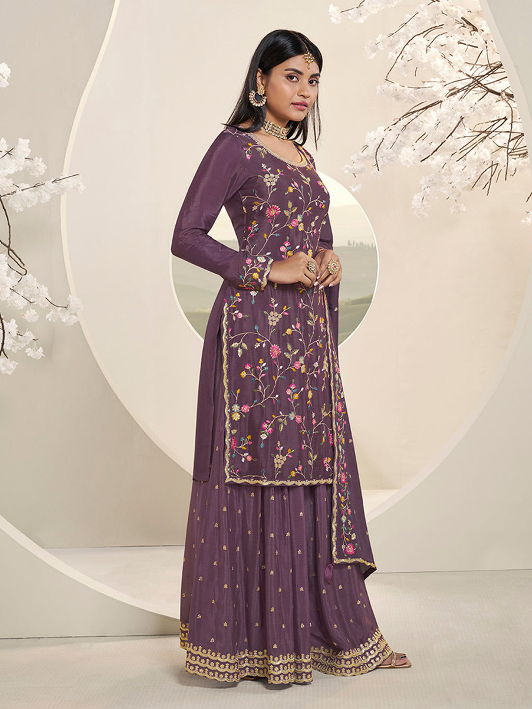 Purple Multi Colour Floral Thread & Embroidered Sharara Suit Set Product vendor