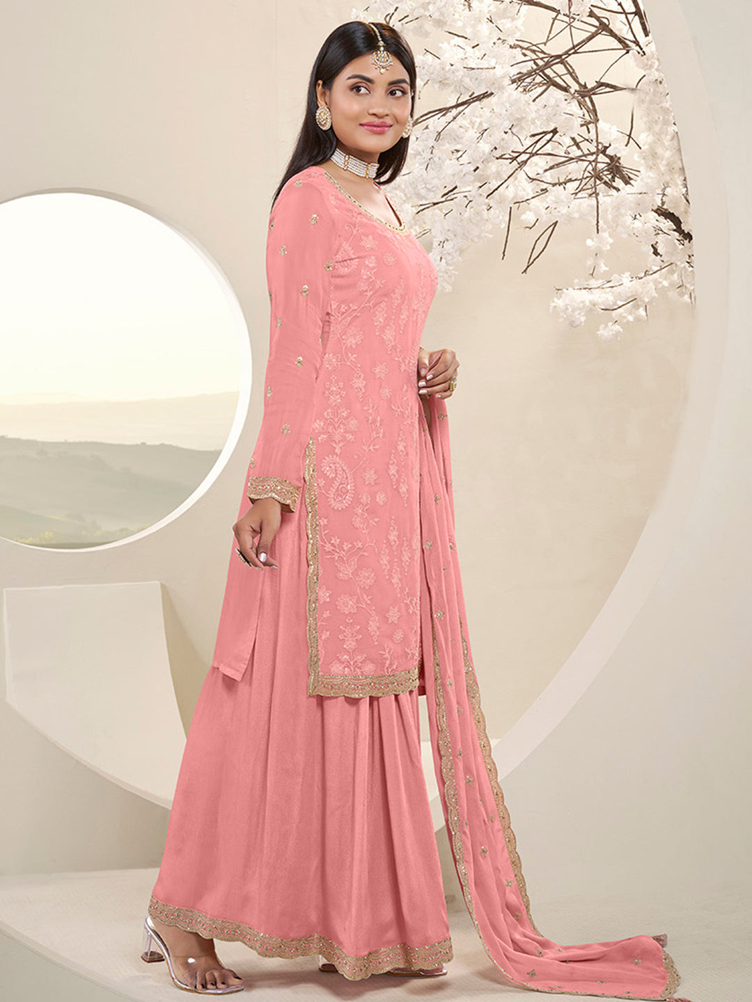 Peach Pink Floral Pattern, Thread with Sequins & Zari Embroidered Sharara Suit Set Product vendor