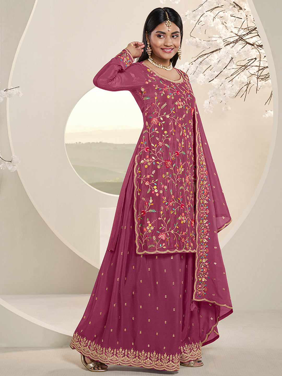 Dark Pink Multi Colour Floral Thread & Embroidered Sharara Suit Set Product vendor