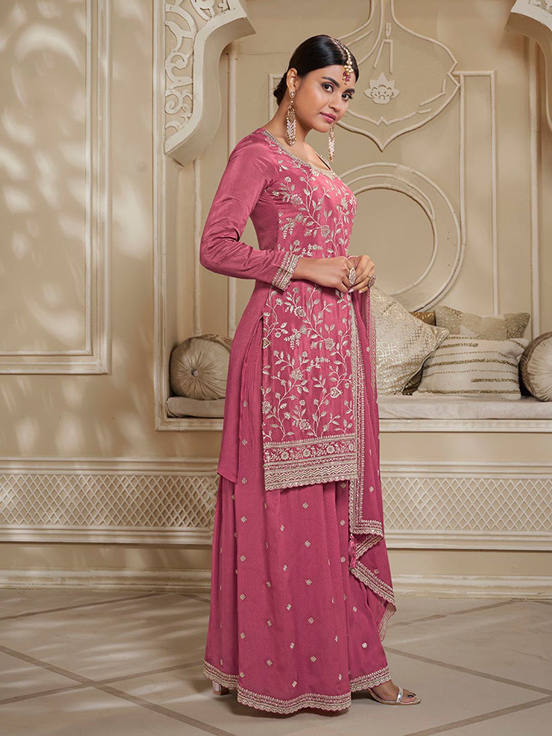 Deep Rose Floral Pattern, Thread & Sequins Embroidered Sharara Suit Set Product vendor