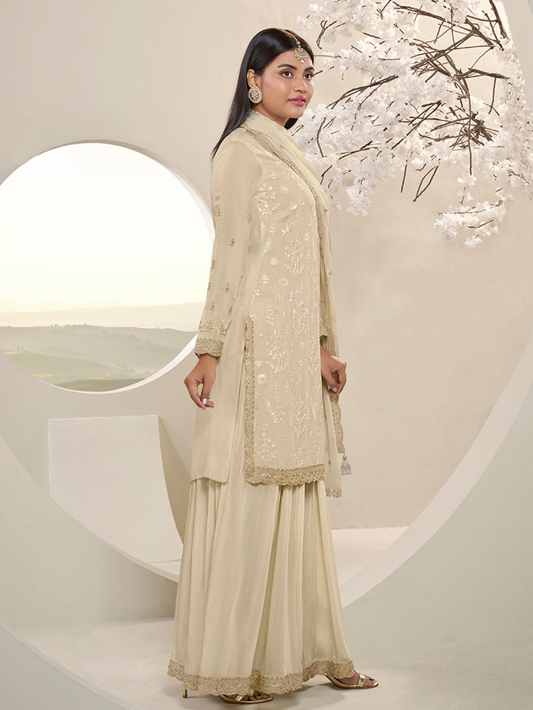 Off White Floral Pattern, Thread with Sequins & Zari Embroidered Sharara Suit Set Product vendor