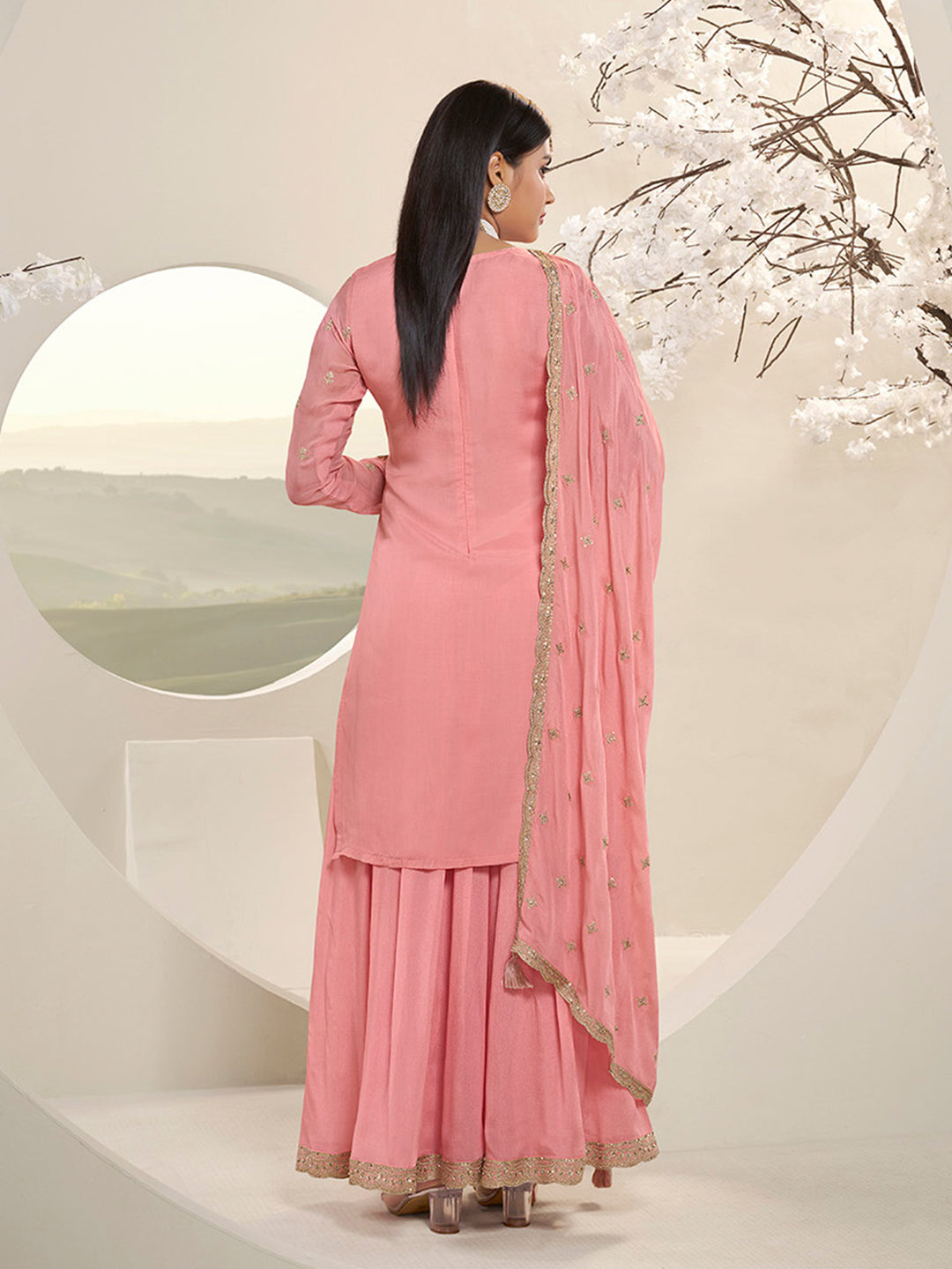 Peach Pink Floral Pattern, Thread with Sequins & Zari Embroidered Sharara Suit Set Product vendor