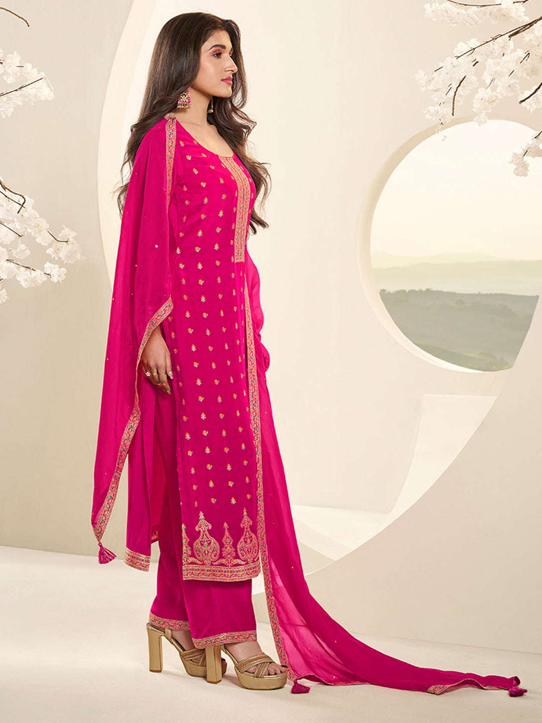 Hot Pink Muslin Jacquard Kurta Suit Set with Multi Contrast Thread Weave & Paisley Pattern Daman Product vendor