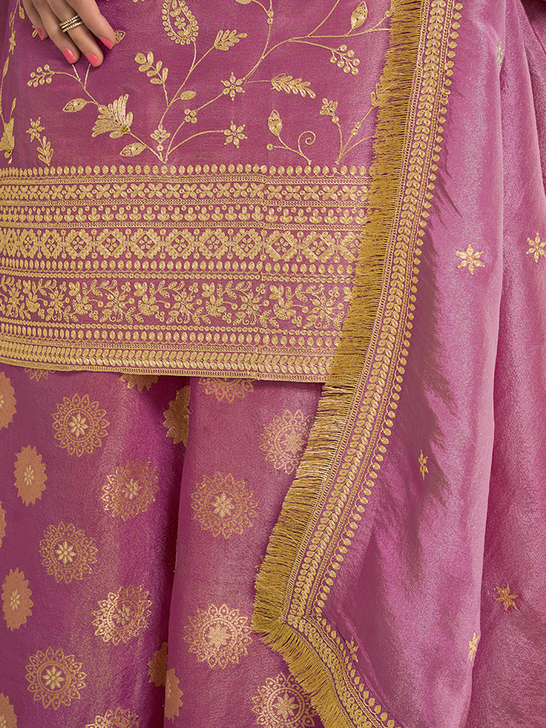 Lavender Tissue with Pitta work Gold Jhalar Dupatta Sharara Suit Set