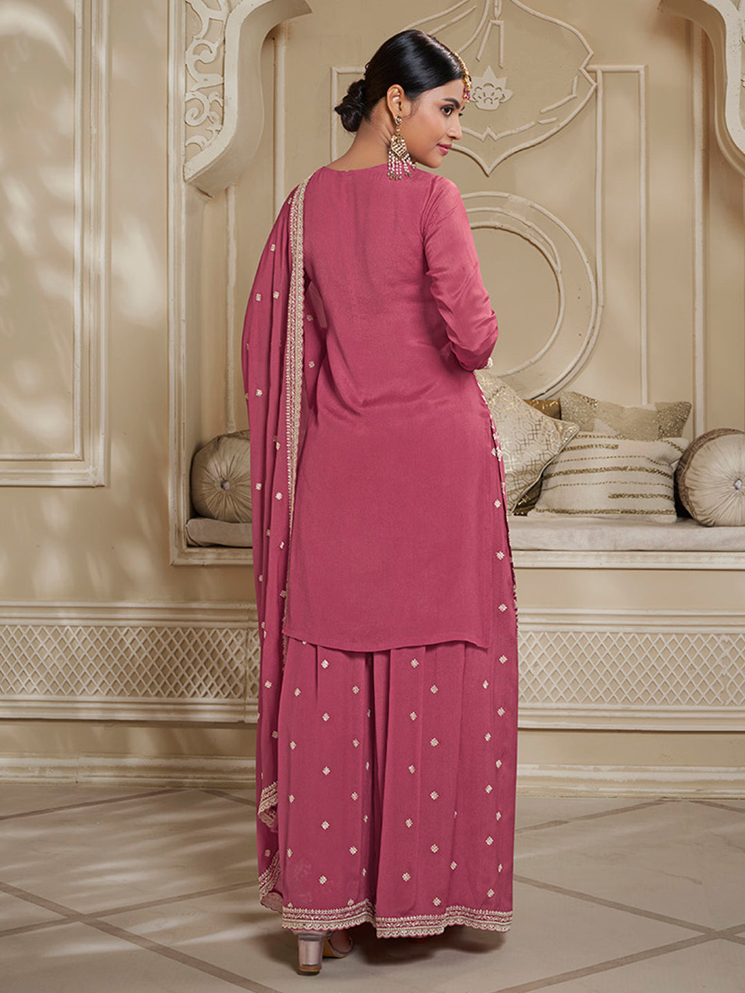 Deep Rose Floral Pattern, Thread & Sequins Embroidered Sharara Suit Set Product vendor