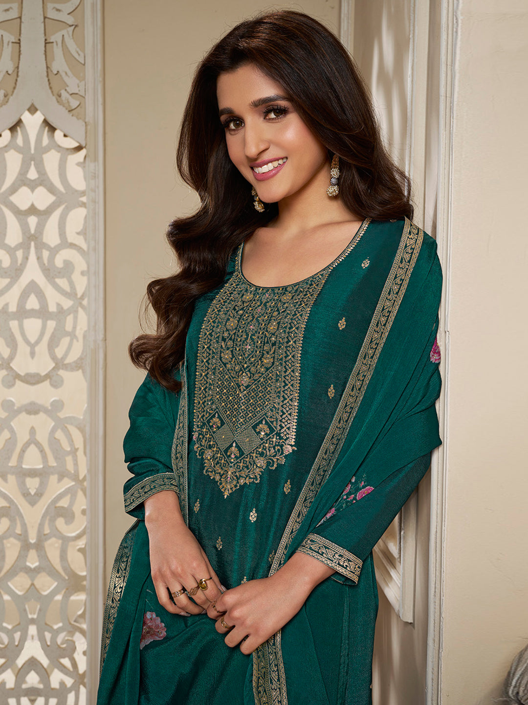 Dola Silk Jacquard Kurta With designer Yoke and handwork  with trousers and Dupatta Product vendor