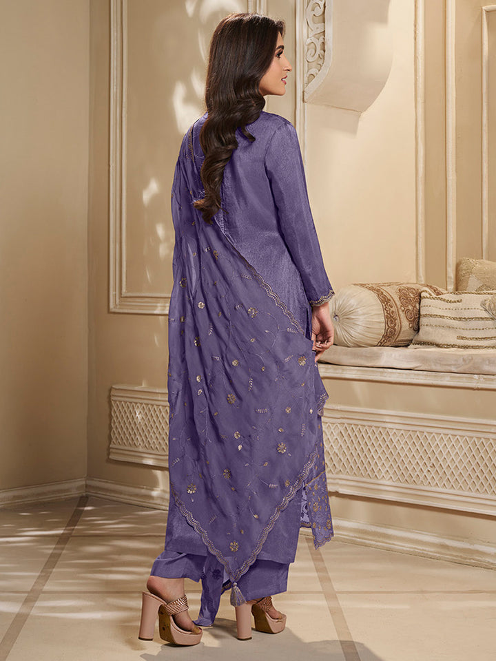 Lavender Dola Jacquard Kurta Suit Set with Embroidered with Thread & Sequins Work Product vendor