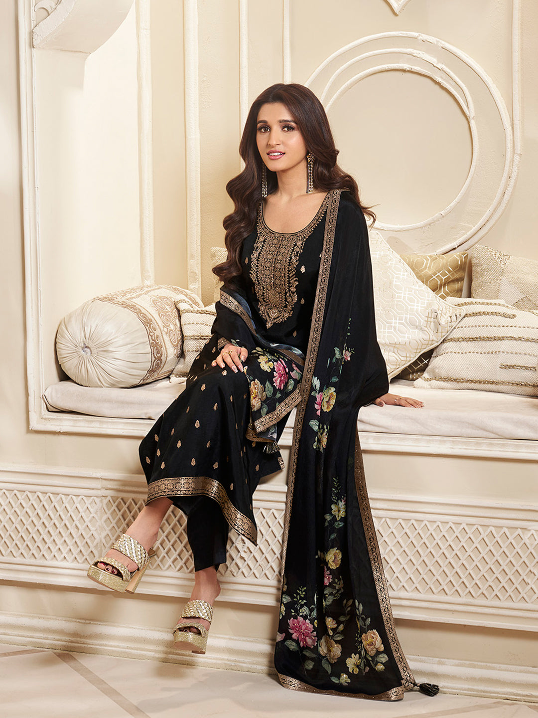 Dola Silk Jacquard Kurta With designer Yoke and handwork  with trousers and Dupatta Product vendor