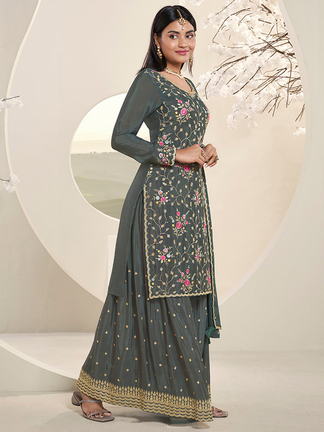 Grey Multi Colour Floral Thread & Embroidered Sharara Suit Set Product vendor