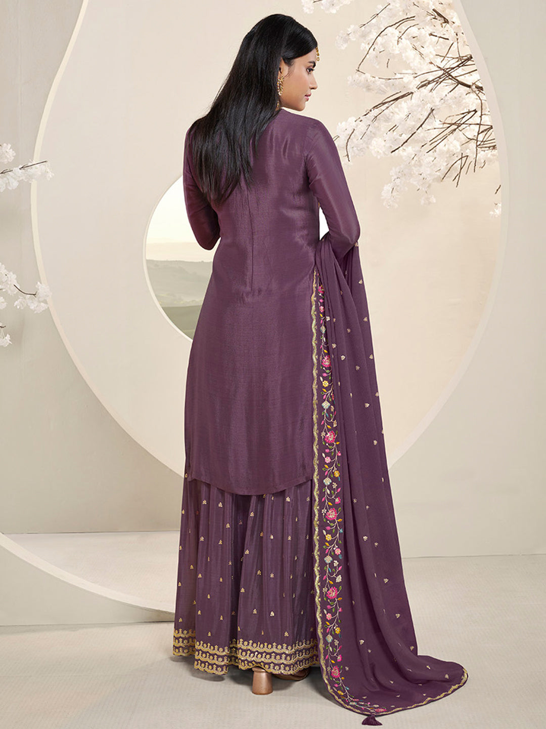 Purple Multi Colour Floral Thread & Embroidered Sharara Suit Set Product vendor