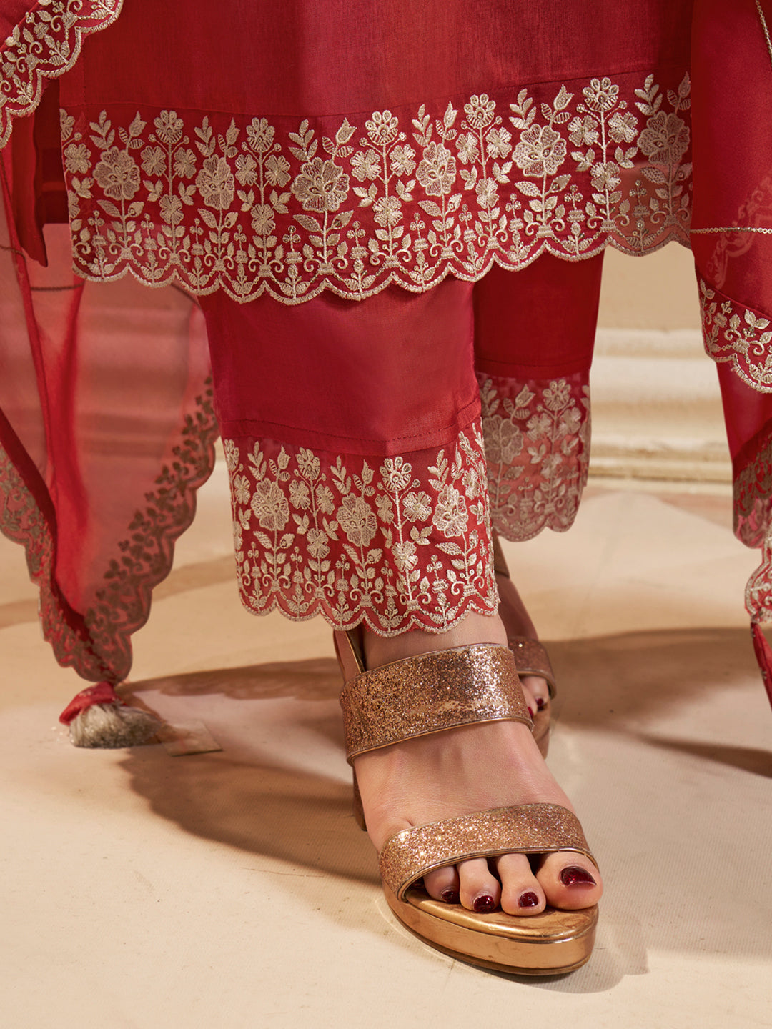 Floral + Geometric thread work & Hanging Pearl on Daman Kurta With Straight Pant & Dupatta Product vendor