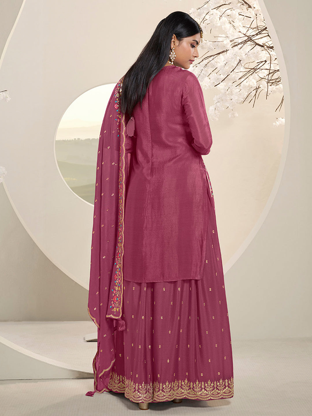 Dark Pink Multi Colour Floral Thread & Embroidered Sharara Suit Set Product vendor