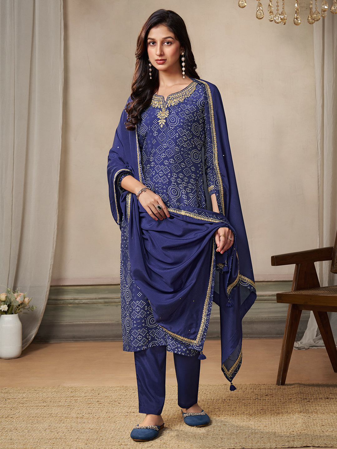 Royal Blue Kurta Set in Dola Bandhani Printed with Embroidery