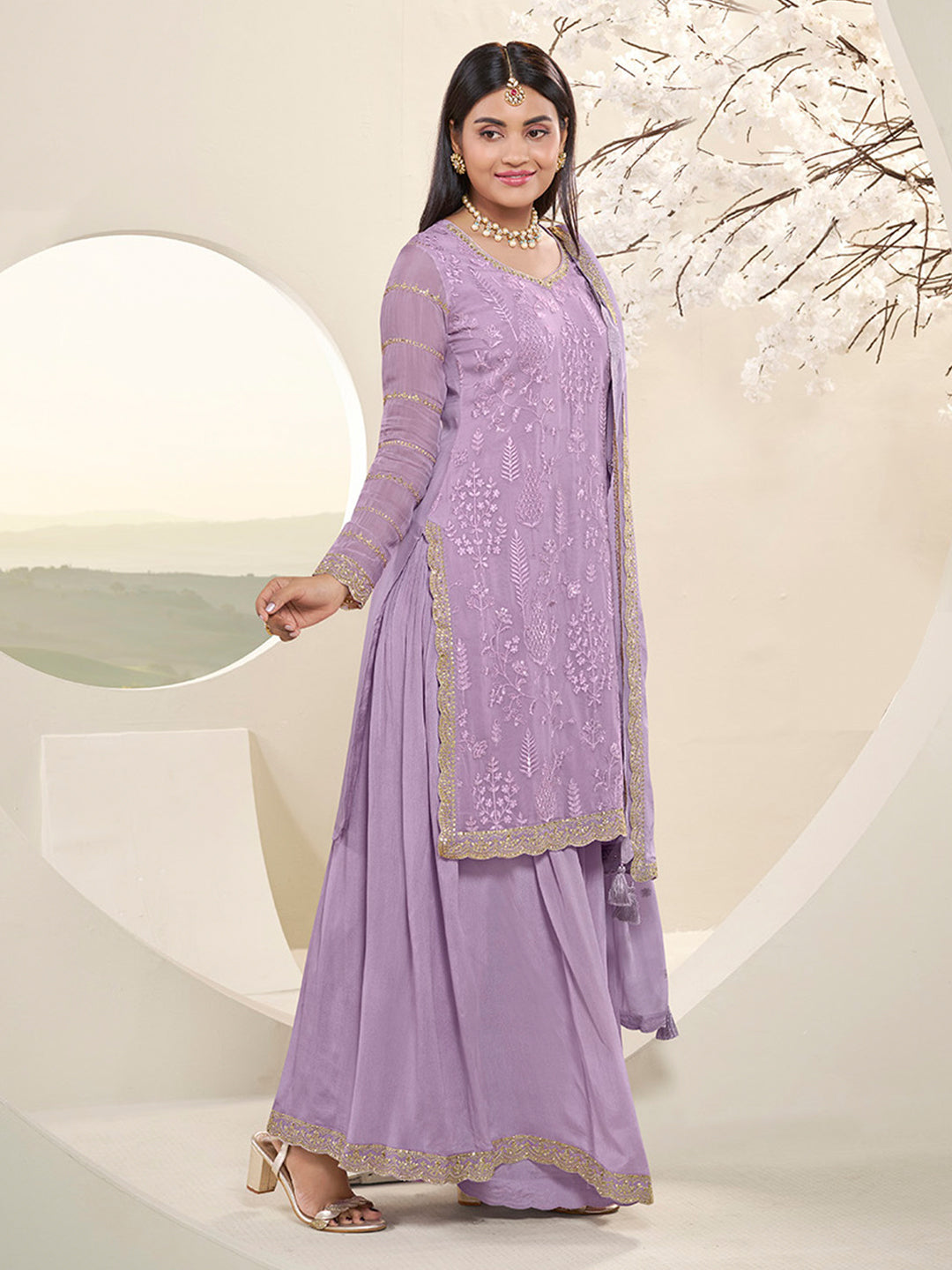 Lavender Floral Pattern, Thread with Sequins & Zari Embroidered Sharara Suit Set Product vendor