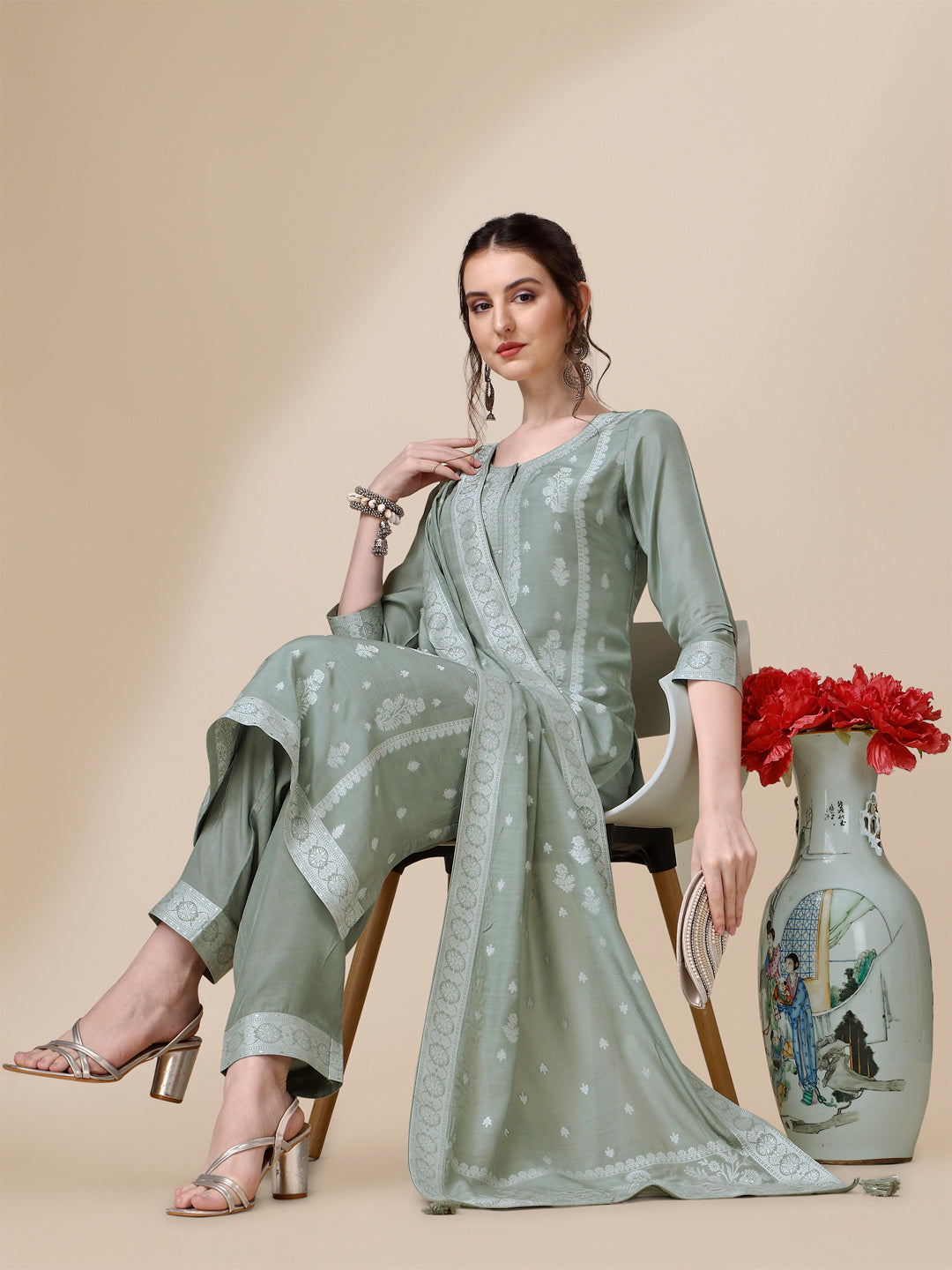 Grey Tussar Silk Kurta Suit Set Product vendor