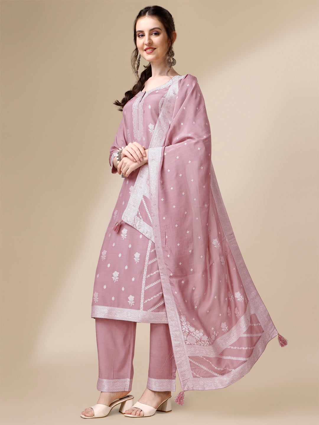 Pink Thread Woven Tussar Silk Kurta Suit Set Product vendor