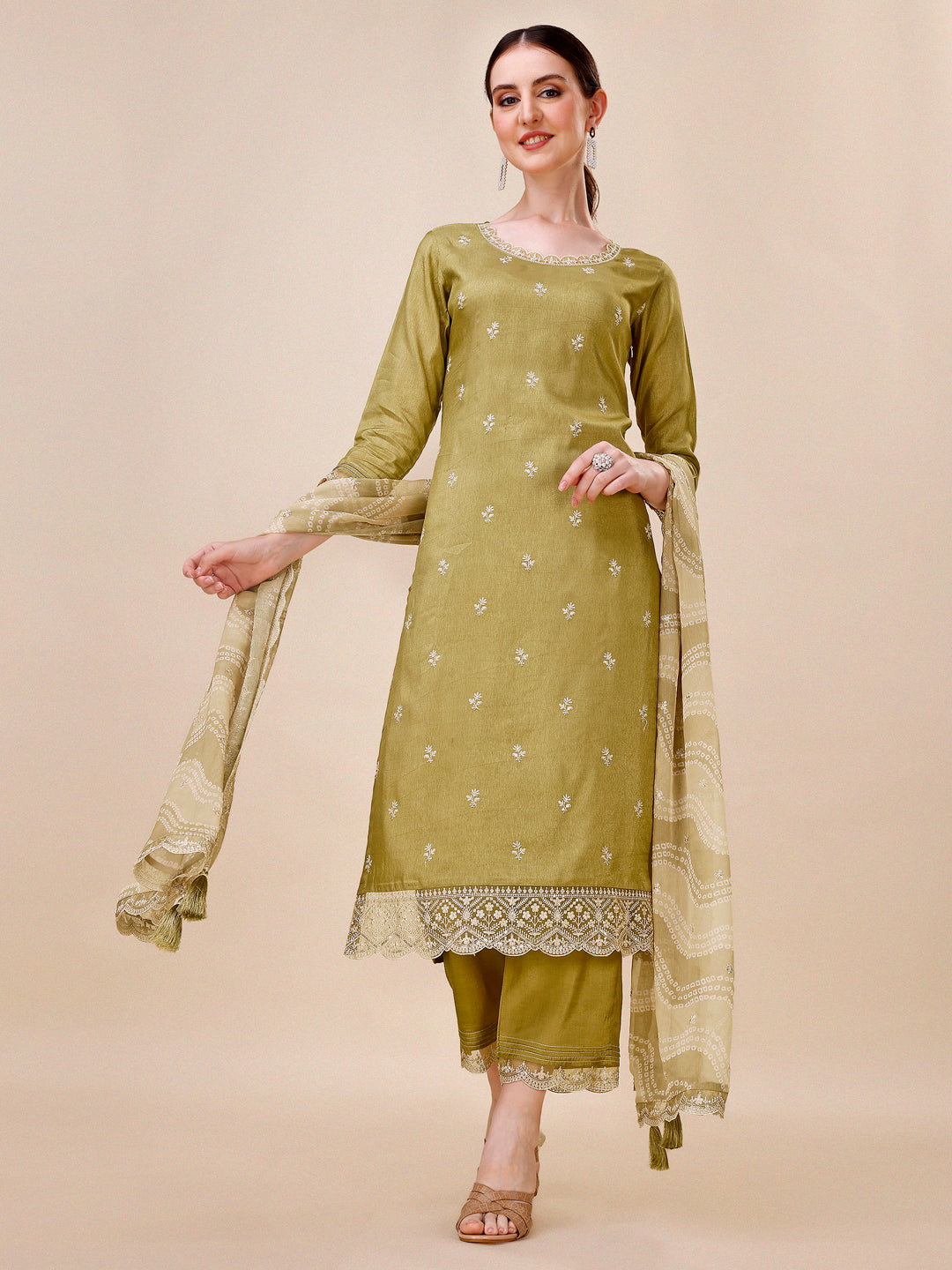 Olive Embroidered Neckline Dola Silk Kurta Suit Set with Lehariya Print Dupatta Product vendor