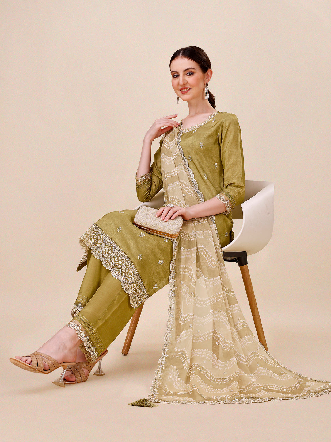 Olive Embroidered Neckline Dola Silk Kurta Suit Set with Lehariya Print Dupatta Product vendor