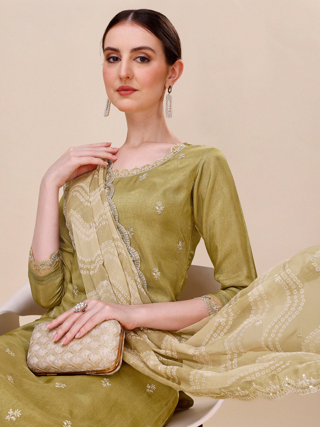 Olive Embroidered Neckline Dola Silk Kurta Suit Set with Lehariya Print Dupatta Product vendor