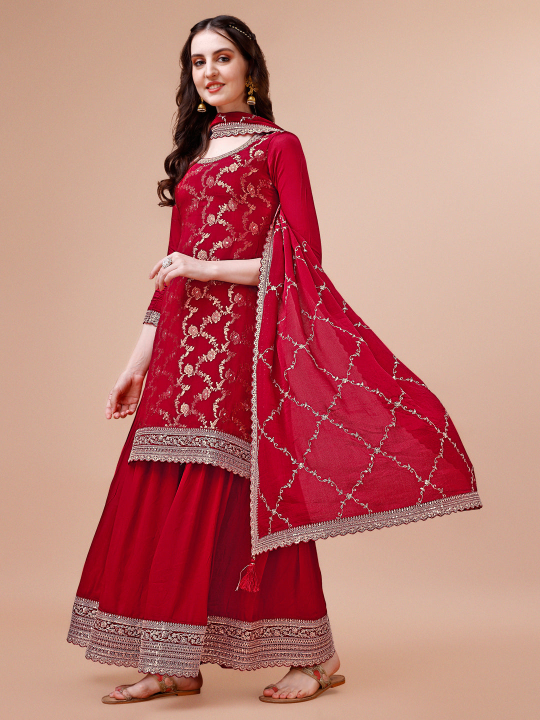 Red Jacquard with Embroidery Sharara Suit Set Product vendor