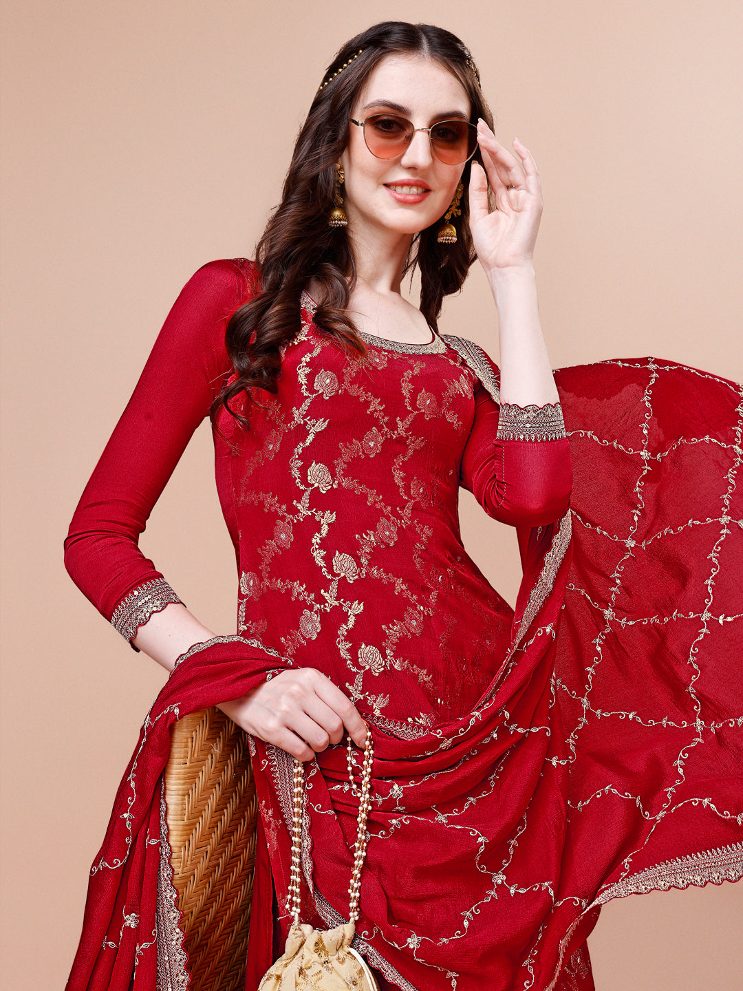 Red Jacquard with Embroidery Sharara Suit Set Product vendor