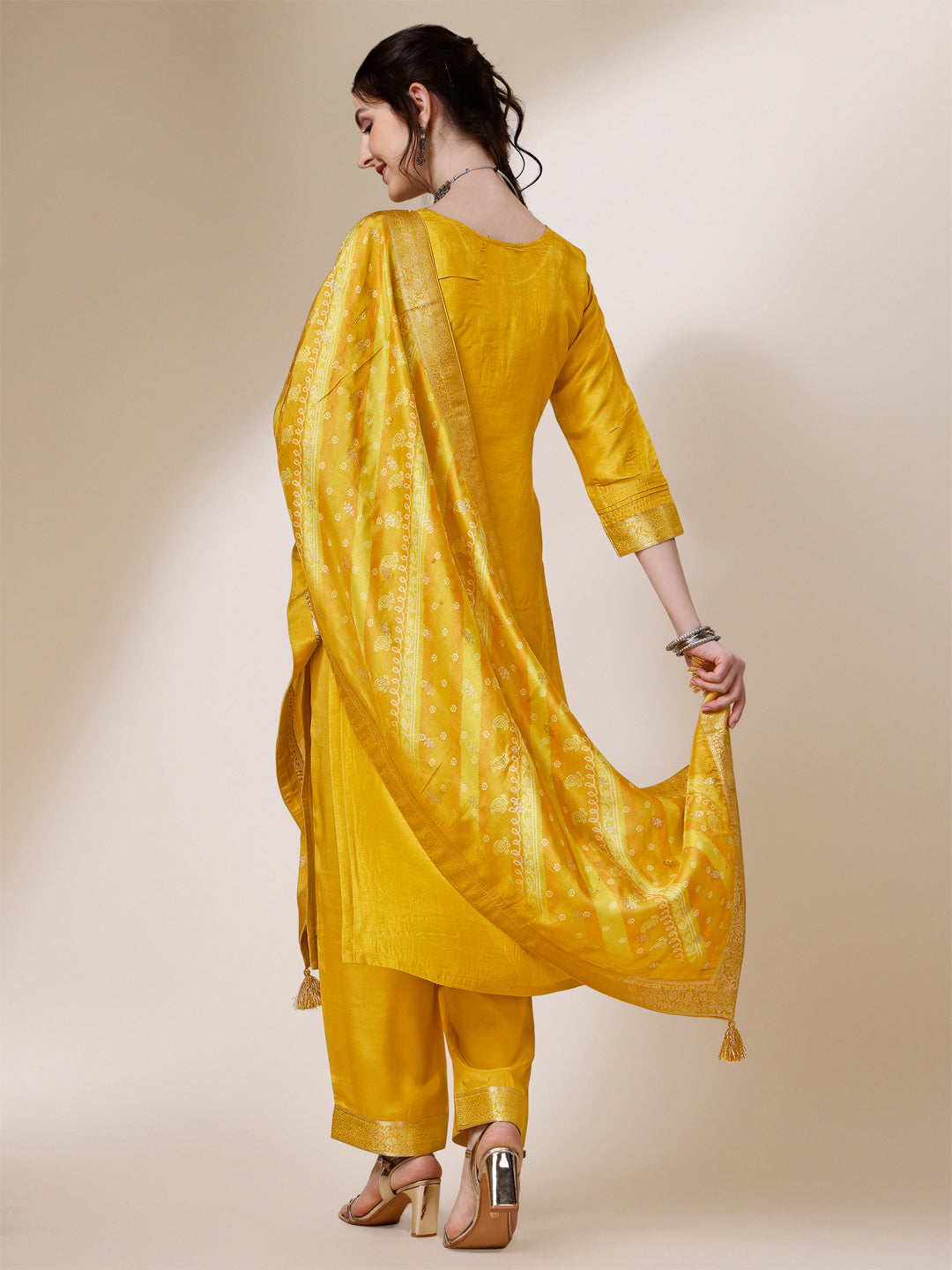 Yellow Jacquard Kurta Suit Set with Bandhani Printed Dupatta Product vendor
