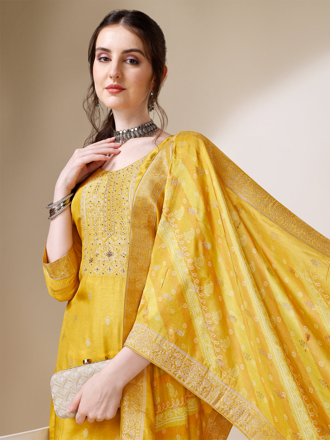 Yellow Jacquard Kurta Suit Set with Bandhani Printed Dupatta Product vendor