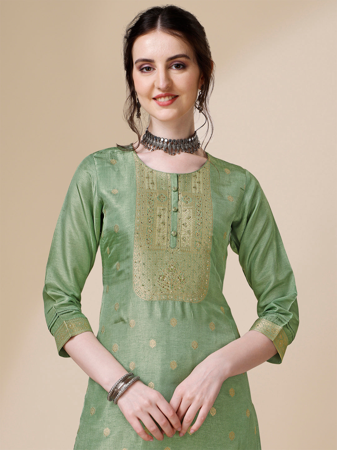 Green Jacquard Kurta Suit Set with Rangkat Dupatta Product vendor