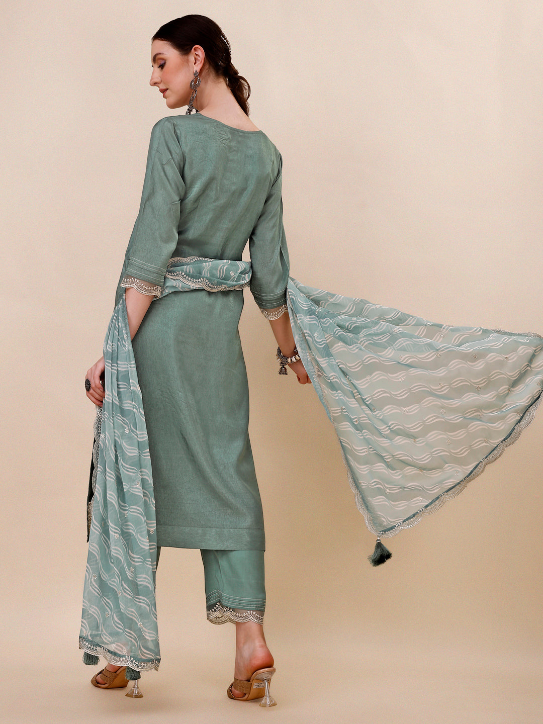Pastel Olive Green Cutwork Neckline Dola Silk Kurta Suit Set with Lehariya Print Dupatta Product vendor