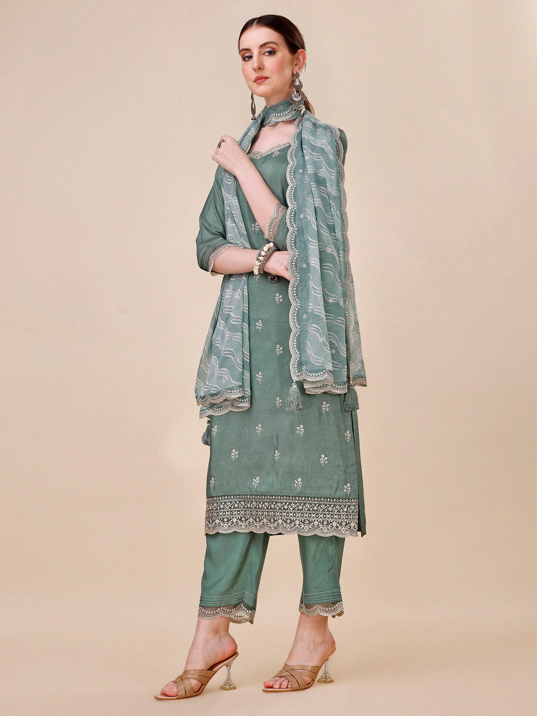 Pastel Olive Green Cutwork Neckline Dola Silk Kurta Suit Set with Lehariya Print Dupatta Product vendor