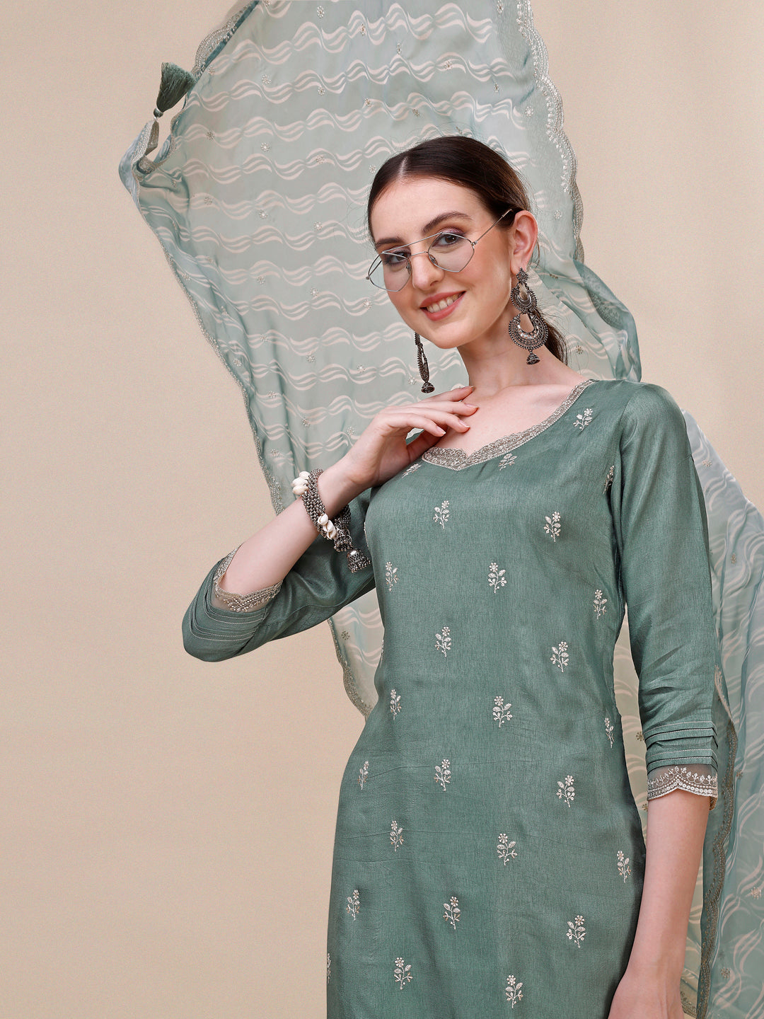 Pastel Olive Green Cutwork Neckline Dola Silk Kurta Suit Set with Lehariya Print Dupatta Product vendor