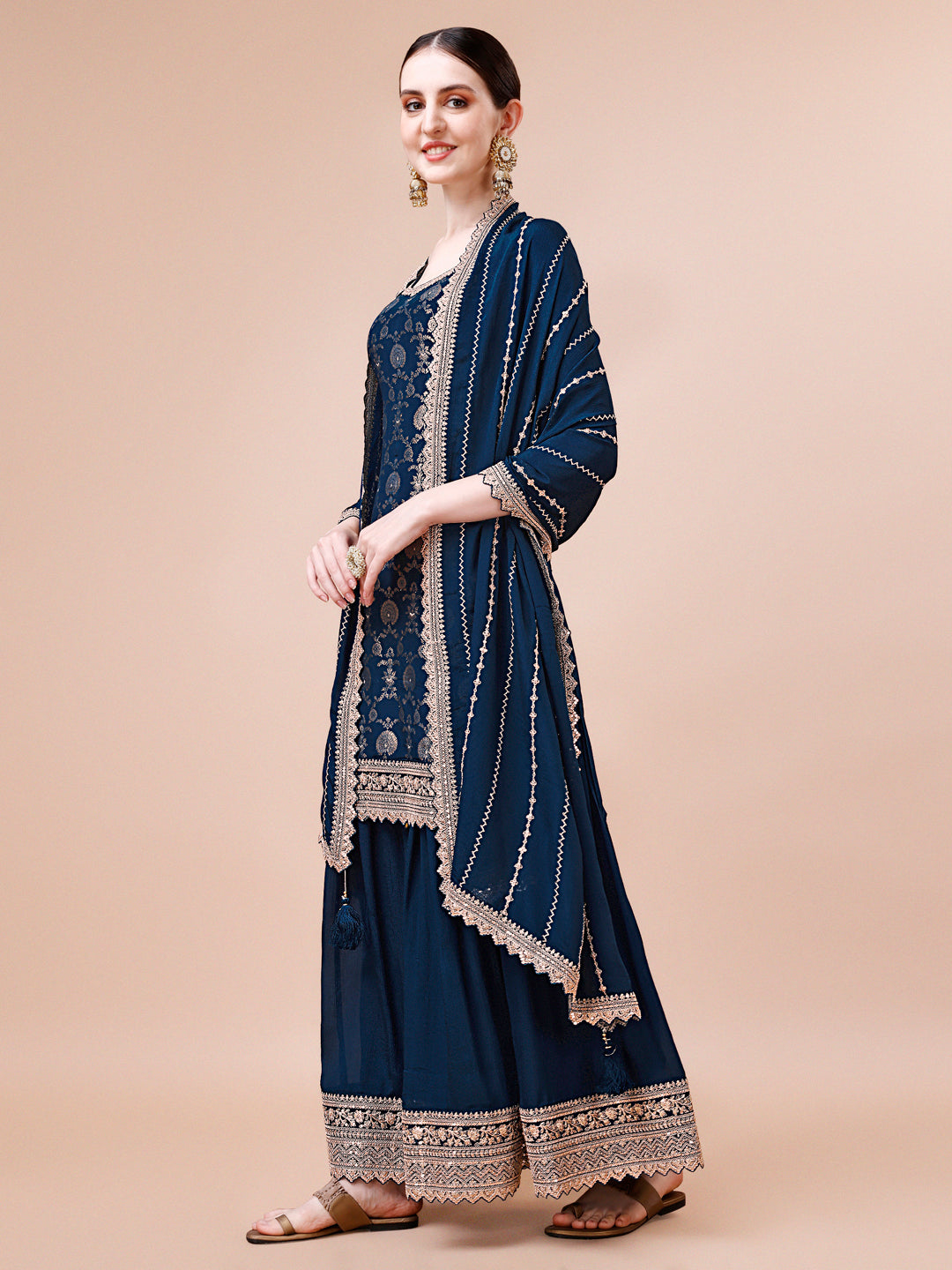 Dark Teal Jacquard with Embroidery Sharara Suit Set Product vendor