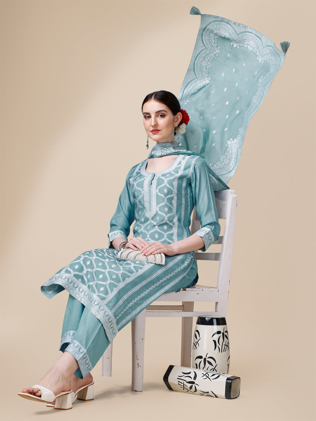 Light Blue Thread Woven Tussar Silk Kurta Suit Set Product vendor