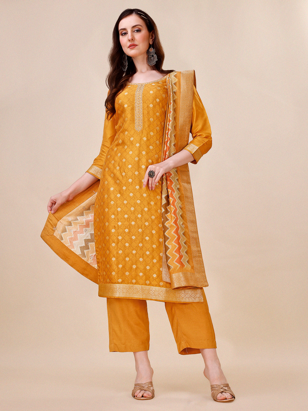 Mustard Jacquard Kurta Suit Set with Bandhani Printed Dupatta Product vendor