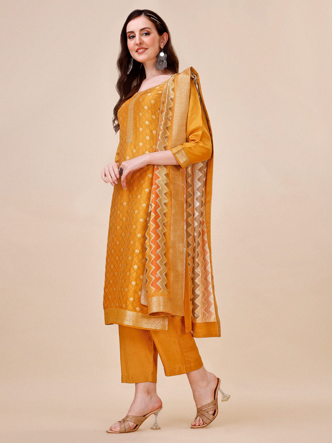 Mustard Jacquard Kurta Suit Set with Bandhani Printed Dupatta Product vendor