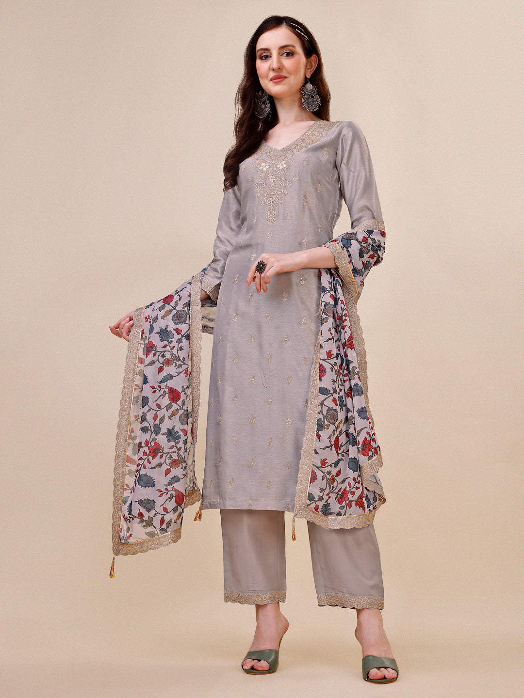 Grey Embroidery Kurta Suit Set Product vendor