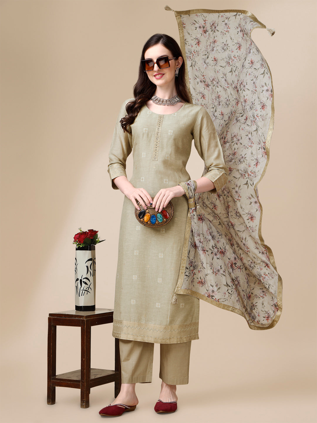 Beige Linen Jacquard Straight Kurta Suit Set Product vendor