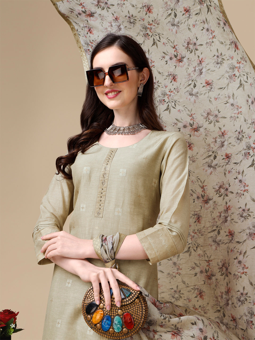 Beige Linen Jacquard Straight Kurta Suit Set Product vendor