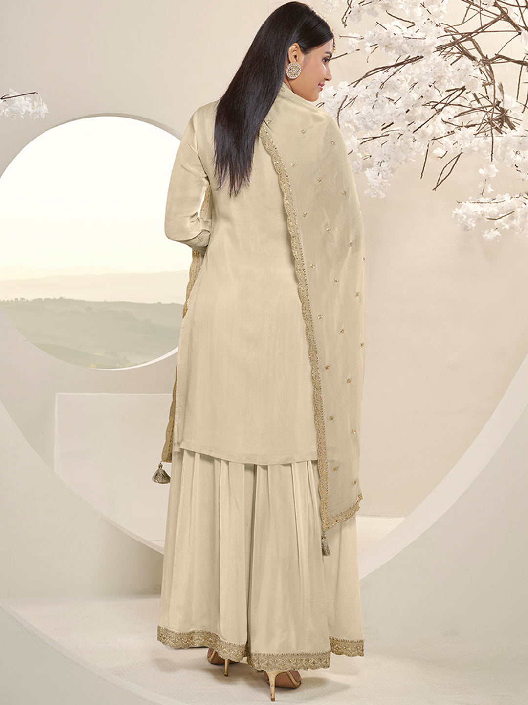 Off White Floral Pattern, Thread with Sequins & Zari Embroidered Sharara Suit Set Product vendor
