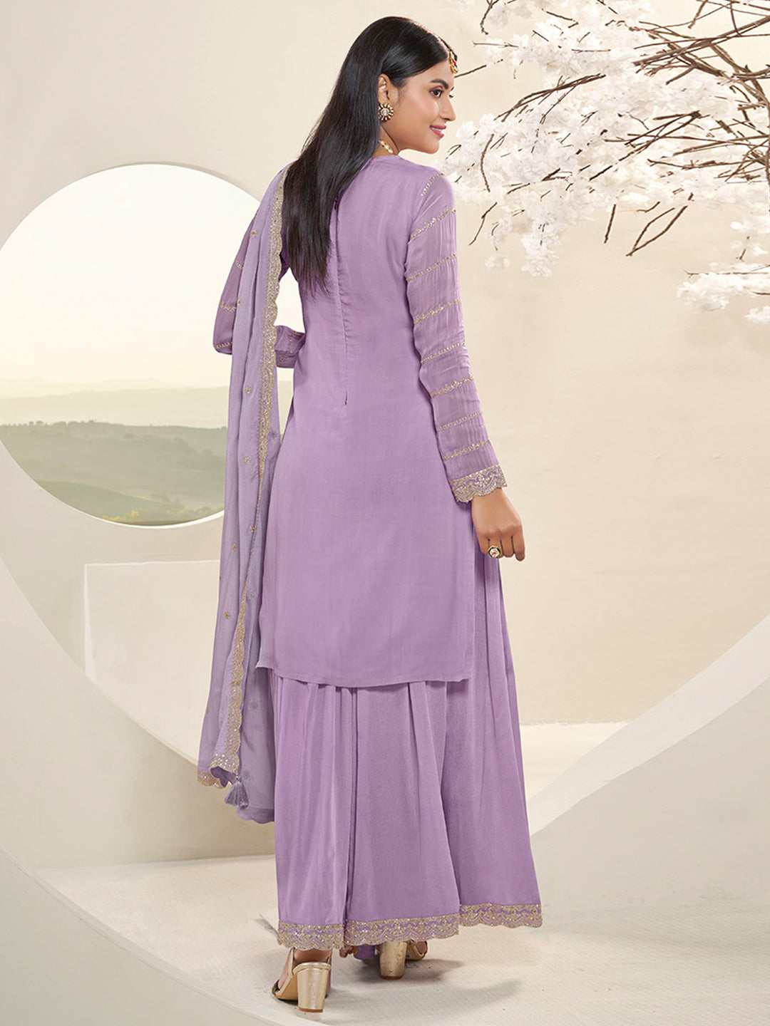 Lavender Floral Pattern, Thread with Sequins & Zari Embroidered Sharara Suit Set Product vendor