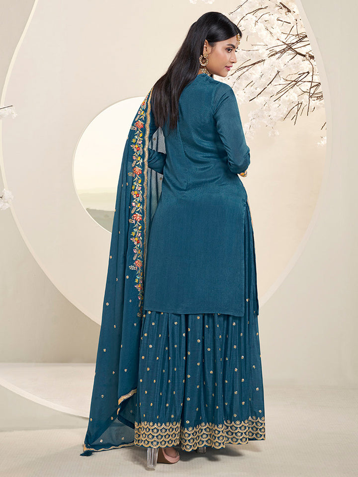 Blue Multi Colour Floral Thread & Embroidered Sharara Suit Set Product vendor